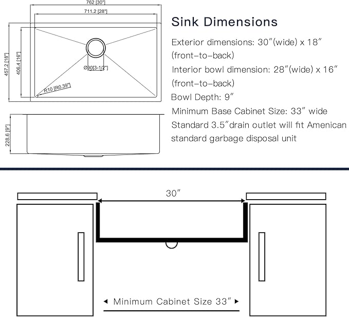 Kitchen Sink 30x18 Inch Undermount Sink Stainless Steel 16 Gauge Single Bowl Kitchen Sinks Set (5 Item Bundle: Sink, Bottom Grid, Drain Assembly, Drain Cap, Towel)