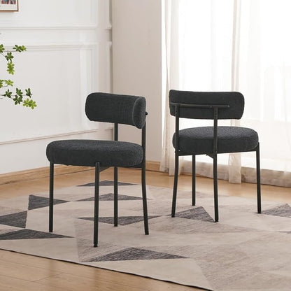 EDWELL Black Boucle Dining Chairs Set of 2, Mid Century Modern Kitchen Dining Chairs with 3.94” Cushions and Metal Legs, Round Upholstered Boucle Chairs for Kitchen, Living Room