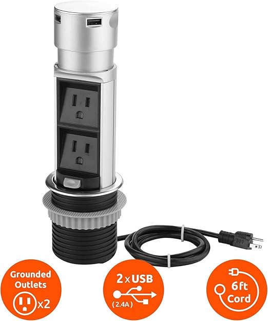 Link2Home 2 Pack Space Saver Pop Up Outlet Station with USB, 2 Power Outlets 15A, 2 USB Ports 2.4A Fast Charge Splash Resistant, Stainless-Steel Finish, for Kitchen Island, Office Table and Workshop