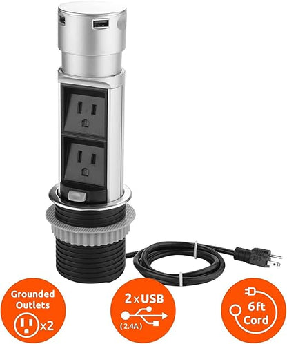 Link2Home 2 Pack Space Saver Pop Up Outlet Station with USB, 2 Power Outlets 15A, 2 USB Ports 2.4A Fast Charge Splash Resistant, Stainless-Steel Finish, for Kitchen Island, Office Table and Workshop