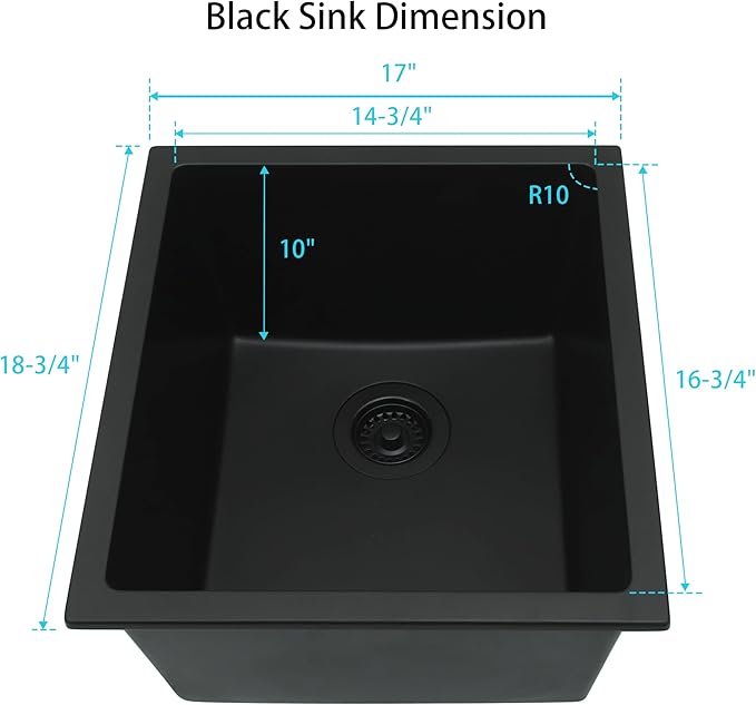 Black Bar Sink,Black Granite Composite Kitchen Sinks With Accessories, 17 Inch Undermount Quartz Stone Kitchen Sinks, 17" x 19" x 10" Small Kitchen Sink used for RV, Bar, Outdoor and Wet Bar