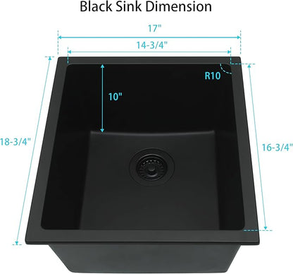 Black Bar Sink,Black Granite Composite Kitchen Sinks With Accessories, 17 Inch Undermount Quartz Stone Kitchen Sinks, 17" x 19" x 10" Small Kitchen Sink used for RV, Bar, Outdoor and Wet Bar