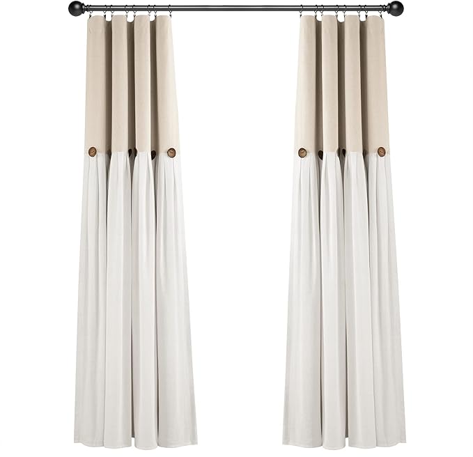 Lush Decor Linen Button Window Curtain Panel, Single, 40" W x 84" L, Linen - Country Curtains - Rustic Decor - Color Block Modern Farmhouse Curtains For Living Room, Bedroom & Dining Room
