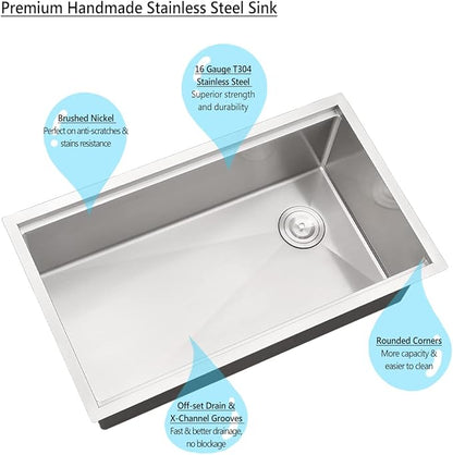 33 Inch Undermount Workstation Kitchen Sink, 33x19 Single Bowl Sink For Kitchen 16 Gauge Stainless Steel Sink Undermount with Offset Drain