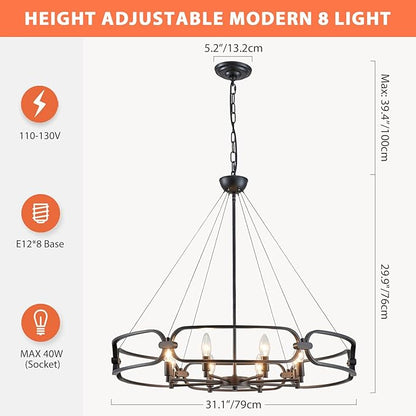Black Chandelier, 31" Large 8-Light Industrial Chandeliers for Dining Room, Round Farmhouse Kitchen Pendant Lighting Fixture for Entryway, Living Room, Bedroom, Foyer, Office