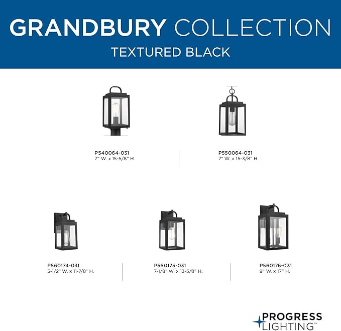 Progress Lighting Grandbury Collection 1-Light Clear Glass Farmhouse Outdoor Small Wall Lantern Light Textured Black, 11.88x5.5x6.5