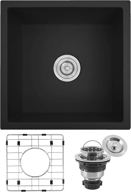 Kitsitchen Black Undermount Bar Sink 15" x 15", Granite Composite Kitchen Sink with Drain Assembly & Bottom Gird, Small Quartz Stone Kitchen Sink for Bar, RV, Outdoor and Wet Bar