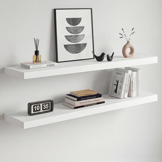 Homeforia White Floating Shelves 36 inch, High End Solid Real Wood 36inch Floating Shelf for Wall Mounted, White Wooden 36in Long Floating Shelves, Heavy Duty Bracket, 36 X 6.5 X 1.75 inches, Set of 4