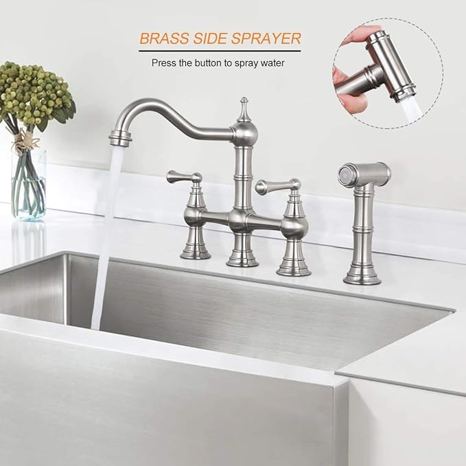 WOWOW 8 inch Centerset Bridge Kitchen Faucet with Brass Side Sprayer 2 Handles 4 Holes Antique Classic Heritage Deck-Mount Kitchen Sink Faucet, Brushed Nickel