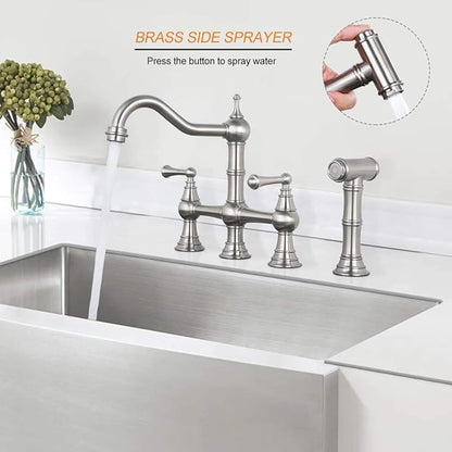 WOWOW 8 inch Centerset Bridge Kitchen Faucet with Brass Side Sprayer 2 Handles 4 Holes Antique Classic Heritage Deck-Mount Kitchen Sink Faucet, Brushed Nickel