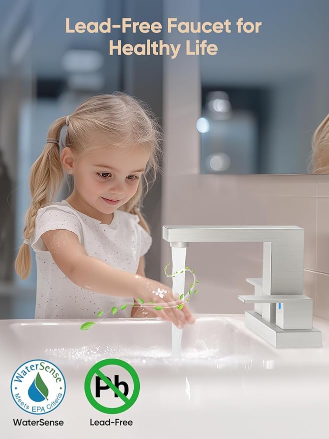 Cobbe Bathroom Faucets for Sink 3 Hole, Brushed Nickel Bathroom Sink Faucet Square 4 Inch Centerset with Pop-Up Drain, 2 Handle and 2 Supply Hoses, Lead-Free Stainless Steel for Vanity, Rv, Farmhouse