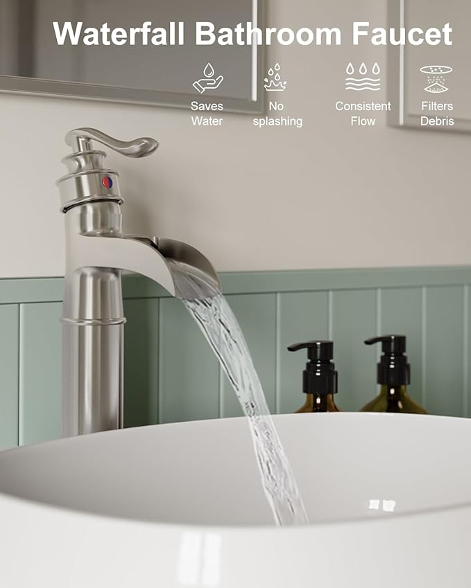 BWE Waterfall Vessel Sink Faucet Brushed Nickel Bathroom Faucet Single Handle Tall Single Hole Bathroom Sink Faucet Commercial Mixer Tap with Pop Up Drain Assembly and Supply Line