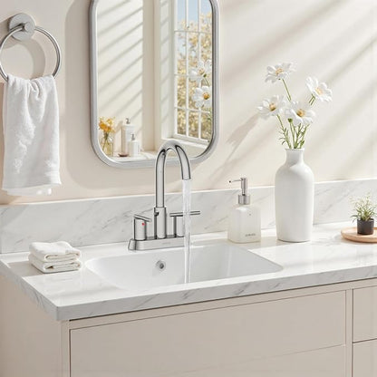 Hurran 4 Inch Bathroom Faucet for Sink 3 Hole, Chrome Bathroom Faucet with Pop-up Drain and 2 Supply Hoses,Stainless Steel Lead-Free 2-Handle Centerset Faucet for Sink Vanity RV