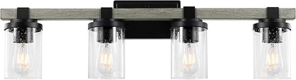 JONATHAN Y 32" Black/Gray Oak Wood Finish LED Vanity Light, Rustic Farmhouse Sconce, Clear Seeded Glass Shade, Industrial Wall Lamp for Bathroom Mirror, Kitchen Sink, LED Bulb (JYL7510B)