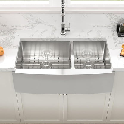 Sarlai 33 Farmhouse Sink Double Bowl- 33x21 Inch Apron Front Kitchen Sink Double Bowl 60/40 Stainless Steel 16 Gauge Round Corner Farm Farmer Kitchen Sinks