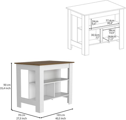 Kitchen Island Kitchen Table 35" H Four Legs with 3 Open Storage Shelves Wide Top for Meal Prep Spacious Leg Room Practical(Brown White)
