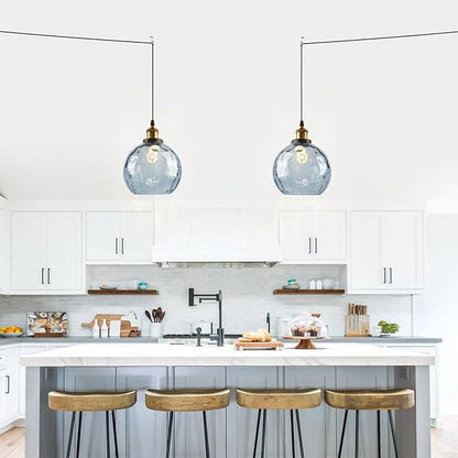 Blue Hanging Lamp Plug in 2 Pack, Hammered Glass Hanging Lights with 14.75Ft Plug in Cord, Globe Pendant Light Plug in Chandelier Ceiling Fixture for Dining Room Kitchen Bedroom