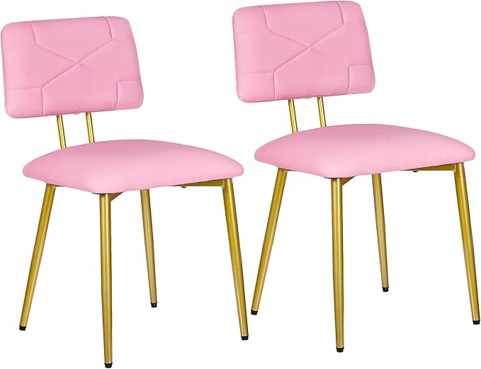 VECELO Dining Chairs Set of 2, Modern Upholstered Kitchen Chairs with Faux Leather Cushion Seat & Metal Legs for Kitchen, Living Room, Tufted Backrest Design, Pink
