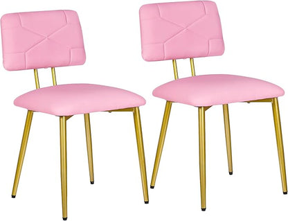 VECELO Dining Chairs Set of 2, Modern Upholstered Kitchen Chairs with Faux Leather Cushion Seat & Metal Legs for Kitchen, Living Room, Tufted Backrest Design, Pink