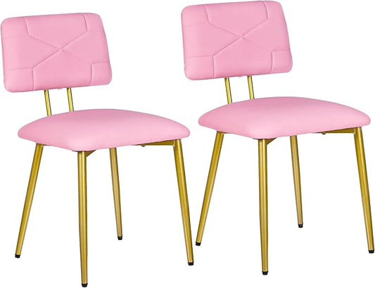 VECELO Dining Chairs Set of 2, Modern Upholstered Kitchen Chairs with Faux Leather Cushion Seat & Metal Legs for Kitchen, Living Room, Tufted Backrest Design, Pink