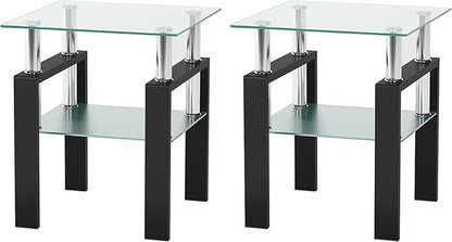 IANIYA 2PCS Modern Glass End Table, 2-Tier Side Table with Tempered Glass Top & Metal Legs, Night Stand Corner Table for Living Room, Bedroom