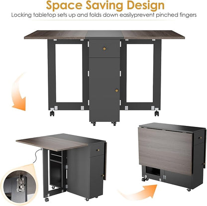 LotFun Folding Dining Table with 2 Storage Racks, Space Saving Dining Table with 6 Wheels, Kitchen Table for Small Spaces