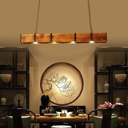 Wood Linear Pendant Lamp, 4 Lights Rustic Linear Chandelier Table Pendant Lamp, Wood Beam Farmhouse Island Hanging Light Fixture for Dining Room Bar Kitchen