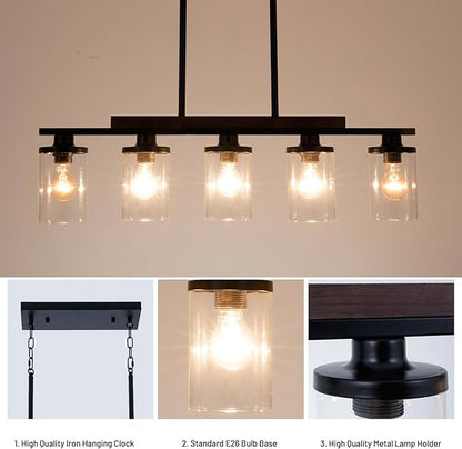 A Million Kitchen Island Lighting, Farmhouse Pendant Lights Kitchen Island, Chandeliers for Dining Room with Glass Shade and Adjustable Rods Pendant Lighting Fixture,E26 Socket (5-Light), Black-5