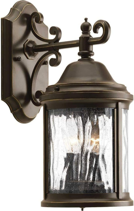 Progress Lighting Ashmore Collection 2-Light Water Seeded Glass New Traditional Outdoor Small Wall Lantern Light Antique Bronze