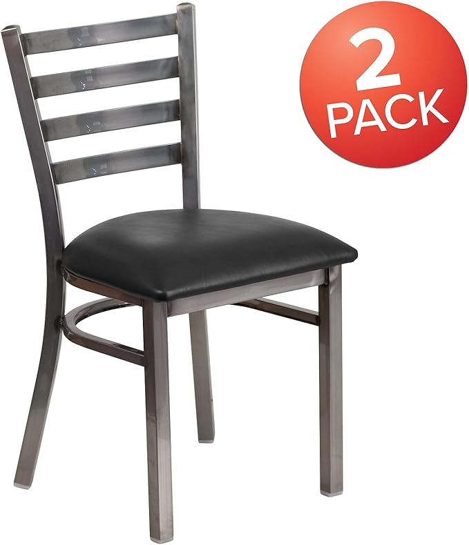 Flash Furniture 2 Pack HERCULES Series Clear Coated Ladder Back Metal Restaurant Chair - Black Vinyl Seat
