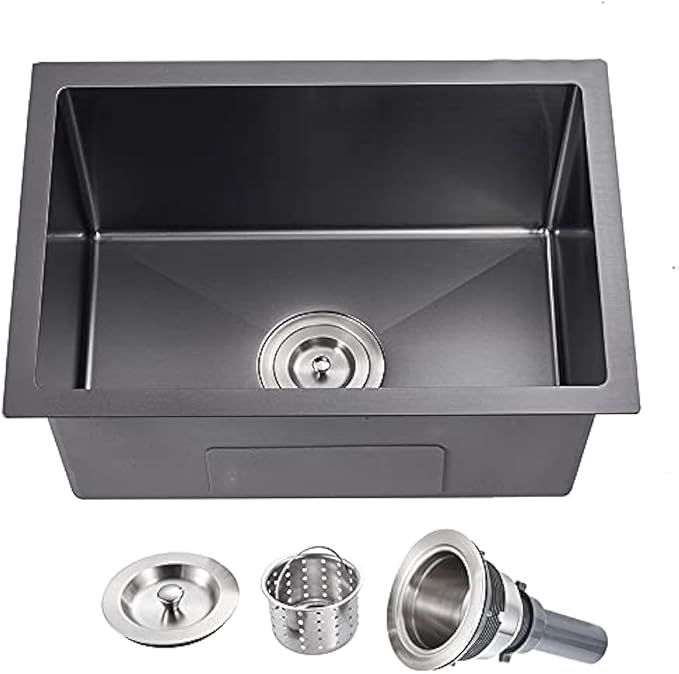 MENATT 24 Inch Undermount Single Bowl Kitchen Sink, SUS304 Stainless Steel Handmade Kitchen Sink Undermount Black, 24"x18"x9"
