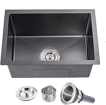 MENATT 24 Inch Undermount Single Bowl Kitchen Sink, SUS304 Stainless Steel Handmade Kitchen Sink Undermount Black, 24"x18"x9"