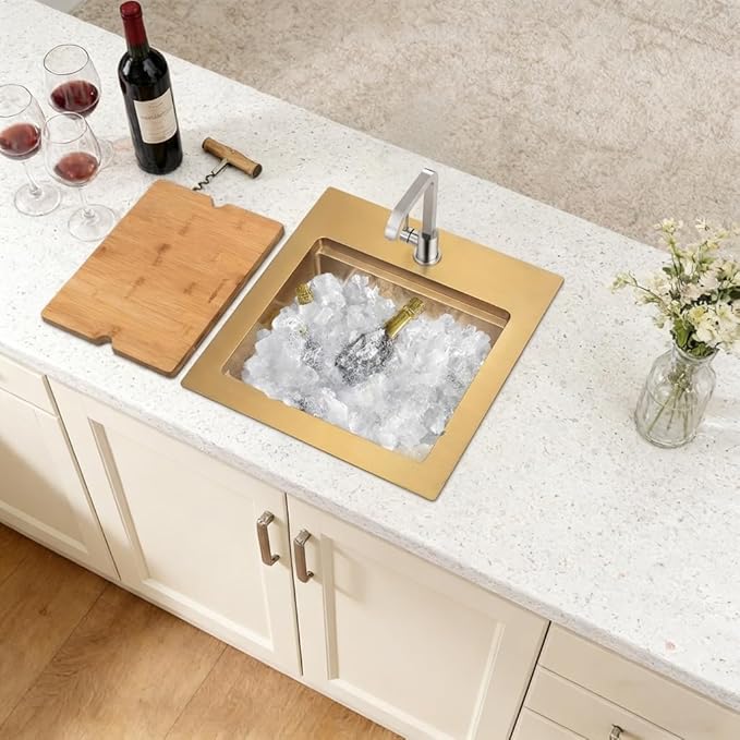Gold Bar Sink,15 Inch Drop In Gold Kitchen Sink, 15" x 15" x 9" Small but Deep Single Bowl RV Kitchen Sinks, 16 Gauge SUS304 Stainless Steel All In One Workstation Sinks with Accessories
