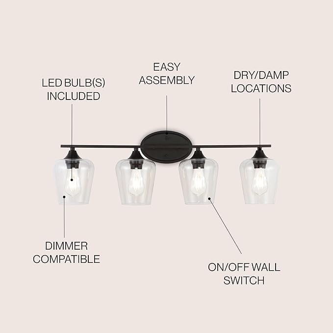 JONATHAN Y 32" Oil Rubbed Bronze 4-Light Farmhouse Rustic LED Vanity Light Sconce, Clear Glass Shade, Vintage Indoor Fixture for Bathroom Mirror, LED Bulb Included (JYL7548A)