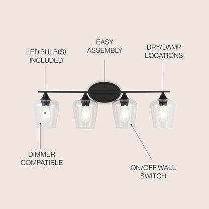JONATHAN Y 32" Oil Rubbed Bronze 4-Light Farmhouse Rustic LED Vanity Light Sconce, Clear Glass Shade, Vintage Indoor Fixture for Bathroom Mirror, LED Bulb Included (JYL7548A)