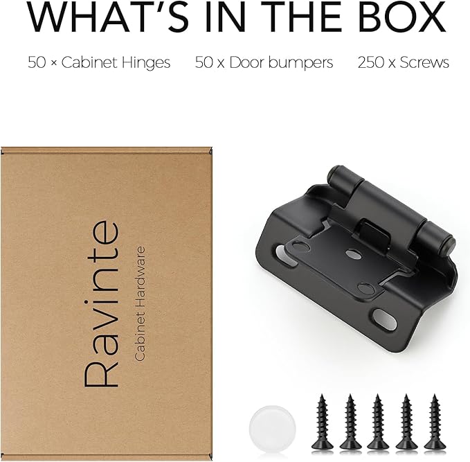 Ravinte 50 Pack 25 Pairs Semi-Overlay 1/2 inch Self-Closing Face Frame Cabinet Hinges Matte Black Half Wrap-Around Kitchen Cabinet Door Hinges Face Mount Cabinet Hardware