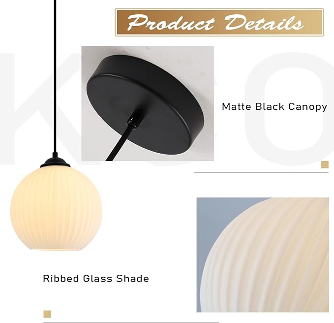 KCO Lighting Vintage Ribbed Glass Pendant Light Black Globe Pendant Lights Kitchen Island Mid Century Modern Pendant Light Milk Glass Hanging Light Fixture (2 Pack)