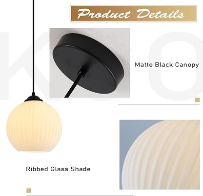 KCO Lighting Vintage Ribbed Glass Pendant Light Black Globe Pendant Lights Kitchen Island Mid Century Modern Pendant Light Milk Glass Hanging Light Fixture (2 Pack)