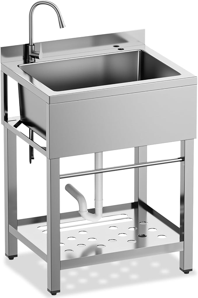 Stainless Steel Utility Sink, 25 Inch Single Bowl Kitchen Sink with Cold Hot Water Pipe Standard P-trap Drainge for Laundry Room Pet Care Farmhouse