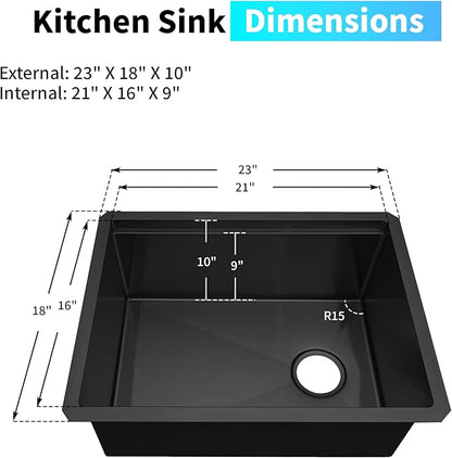 Black Undermount Kitchen Sink 23 inch,16 Gauge Stainless Steel Sinks,Single Bowl Workstation Sink,Modern Kitchen Sink Offset Drain (23" X 18")