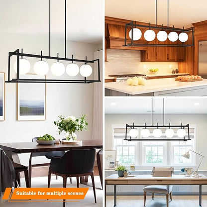 DSMJFU Black Farmhouse Rectangular Chandelier for Dining Room, 5-Light Linear Pendant Lighting, Rectangular Kitchen Island Light with Milky White Glass Ball Shades, Adjustable Height Hanging Lighting