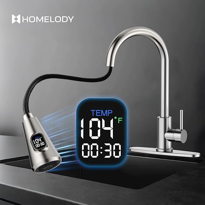 HOMELODY LED Temperature Display Kitchen Faucet with Pull Down Sprayer - Brushed Nickel Single Handle Kitchen Sink Faucet, High Arc Stainless Steel Design for RV Laundry Farmhouse Bar