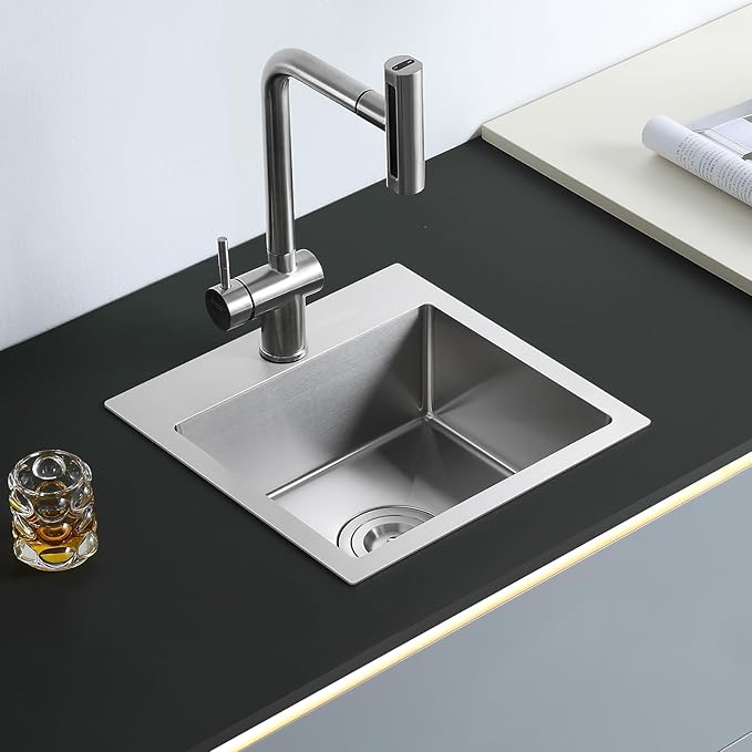 POPFLY 15×15 Inch Drop In Kitchen Sink, Stainless Steel Single Bowl Single Hole Handmade Rv Sinks, 18 Gauge SUS 304 Topmount Utility Outdoor Bar or Prep Sink, Brushed Nickel