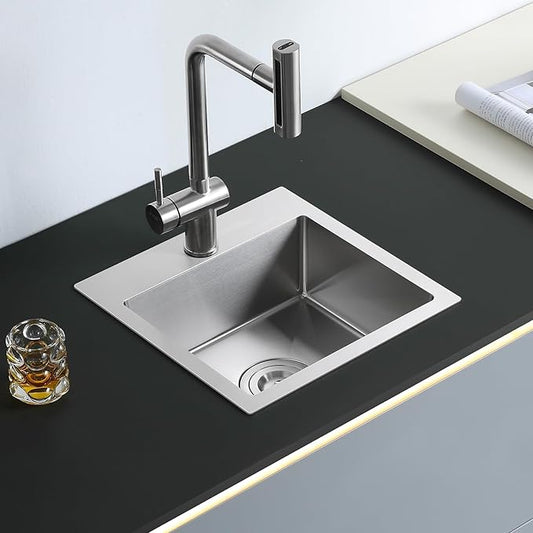 POPFLY 15×15 Inch Drop In Kitchen Sink, Stainless Steel Single Bowl Single Hole Handmade Rv Sinks, 18 Gauge SUS 304 Topmount Utility Outdoor Bar or Prep Sink, Brushed Nickel
