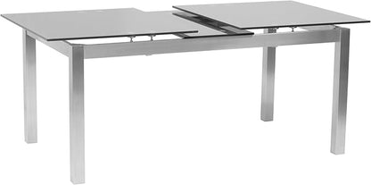 Armen Living Ivan Extendable Dining Table with Tempered Glass Top and Brushed Stainless Steel Finish, Gray, Dining Height