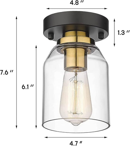zeyu 2 Pack Farmhouse Ceiling Lights, Small Semi Flush Mount Light Fixtures with Clear Glass Shade for Kitchen Hallway Laundry Room, Black and Gold Finish, ZG33F-2 BK+BG