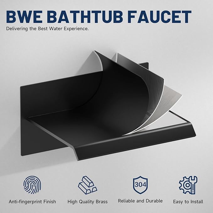 BWE Wall Mount Bathtub Faucet Matte Black Single Handle Bathtub Faucet with Rough in Valve High Flow Waterfall Tub Spout