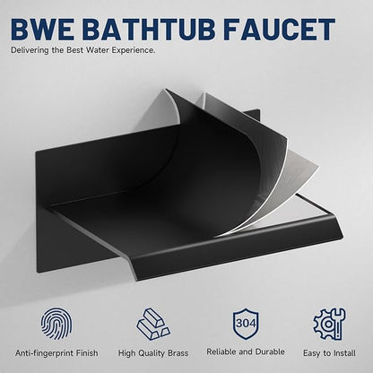 BWE Wall Mount Bathtub Faucet Matte Black Single Handle Bathtub Faucet with Rough in Valve High Flow Waterfall Tub Spout