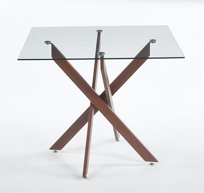 36'' Square Glass Dining Table for 2-4, X-Shape Walnut Metal Legs, Glass Tea Table Square Kitchen Table for Small Space