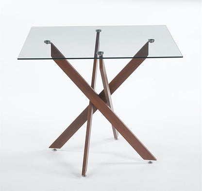 36'' Square Glass Dining Table for 2-4, X-Shape Walnut Metal Legs, Glass Tea Table Square Kitchen Table for Small Space